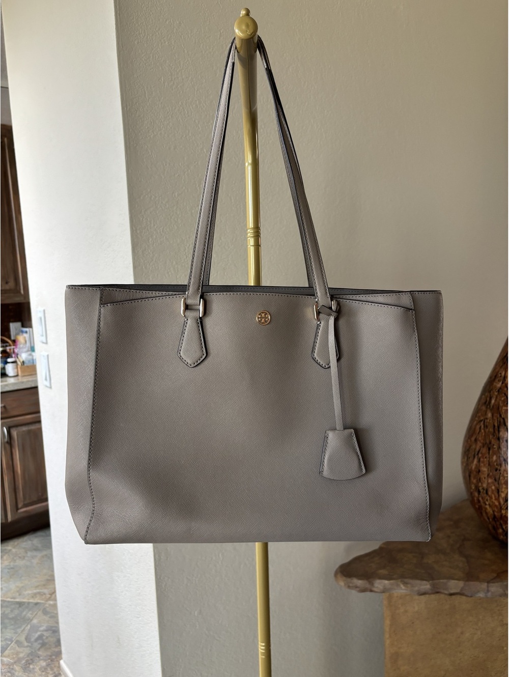 Vintage Tory Burch Taupe Saffiano Leather Tote Gold Logo
